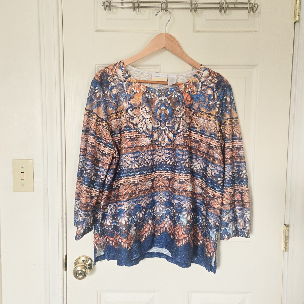 Women's 3/4 Sleeve Abstract Print Top Multicolor Boho Casual Size 1X